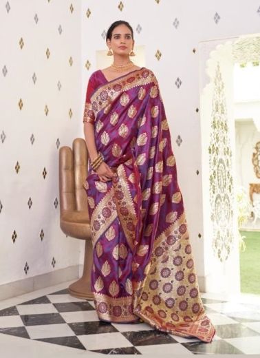 Purple Satin Two Tone Weaving Festive-Wear Handloom Saree