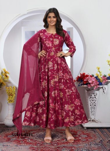 Wine Red Chanderi Bandhani Printed Readymade Kurti With Dupatta For Traditional / Religious Occasions