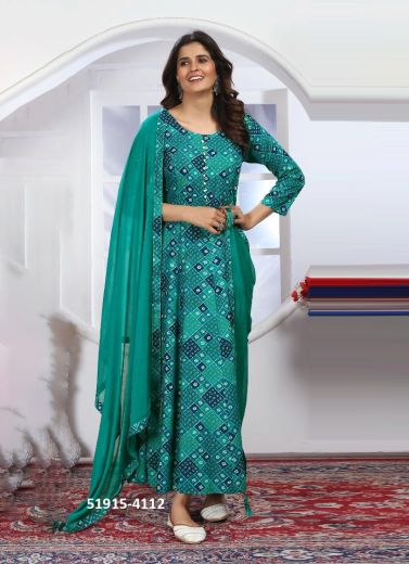 Teal Green Rayon Bandhani Printed Readymade Kurti With Dupatta For Traditional / Religious Occasions