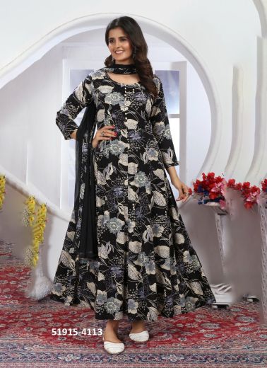 Black Rayon Bandhani Printed Readymade Kurti With Dupatta For Traditional / Religious Occasions