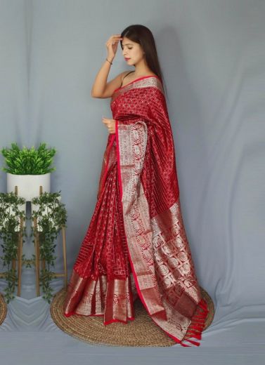 Red Silk Weaving Festive-Wear Checks Saree