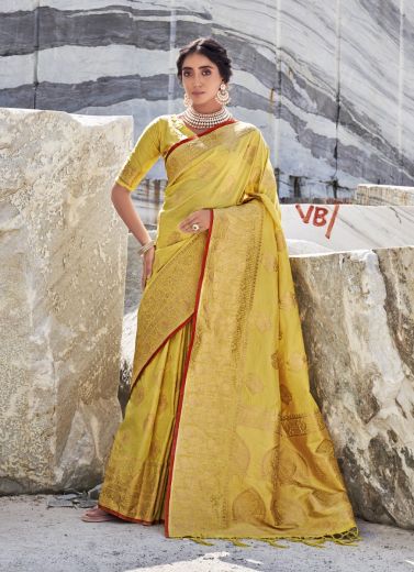 Mustard Yellow Soft Bamboo Silk Weaving Festive-Wear Saree