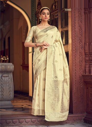 Cream Soft Satin Silk Weaving Festive-Wear Saree