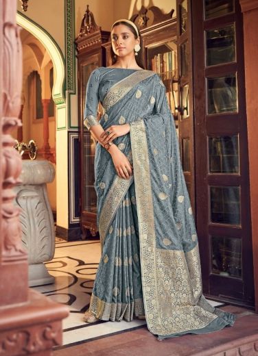 Gray Soft Satin Silk Weaving Festive-Wear Saree