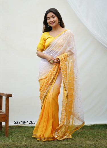 Yellow & White Georgette Thread & Sequins Work Festive-Wear Saree