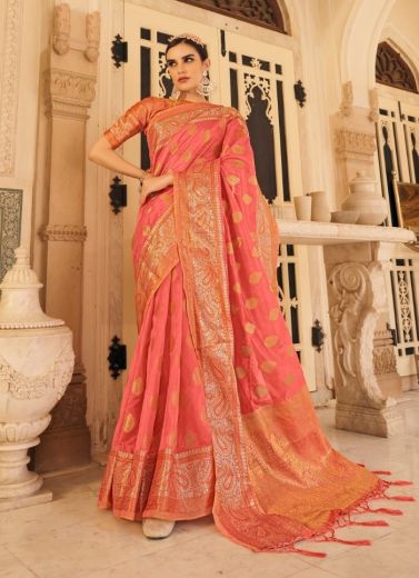 Salmon Organza Silk Weaving Festive-Wear Saree