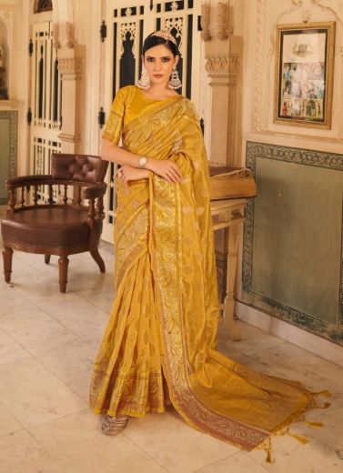 Mustard Yellow Organza Silk Weaving Festive-Wear Saree