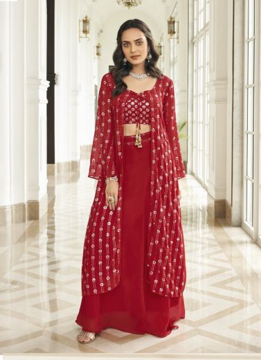 Red Georgette Embroidery Work Readymade Indo-Western Outfit