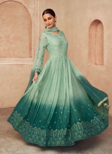 Mint Green Georgette Chinon Embroidered Readymade Indo-Western Outfit