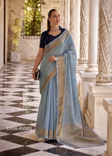 Light Blue Tissue Linen With Zari Woven Office-Wear Handloom Saree With Double Blouse