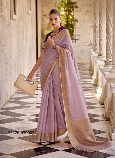 Lilac Tissue Linen With Zari Woven Office-Wear Handloom Saree With Double Blouse