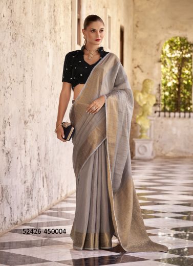 Gray Tissue Linen With Zari Woven Office-Wear Handloom Saree With Double Blouse