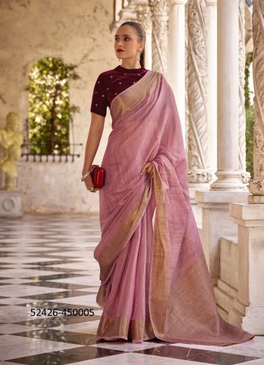 Pink Tissue Linen With Zari Woven Office-Wear Handloom Saree With Double Blouse