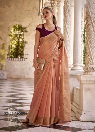 Salmon Tissue Linen With Zari Woven Office-Wear Handloom Saree With Double Blouse