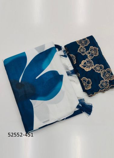 Sea Blue & White Chinon Digitally Floral Printed Beautiful Saree For Kitty-Parties