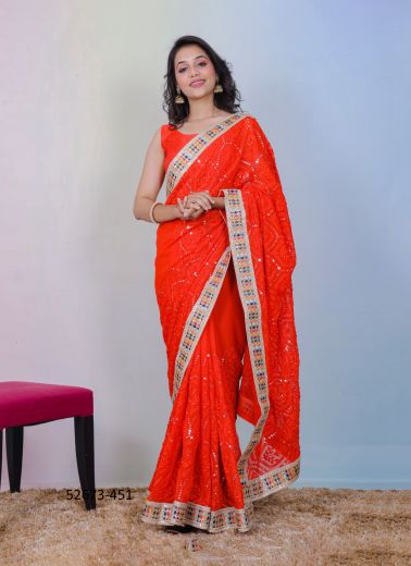 Orange Red Georgette Chikankari-Work Festive-Wear Boutique-Style Saree