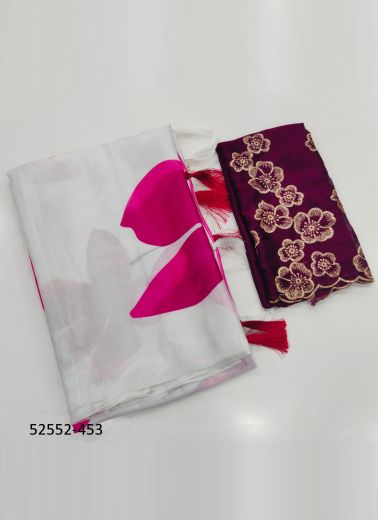 Magenta & White Chinon Digitally Floral Printed Beautiful Saree For Kitty-Parties