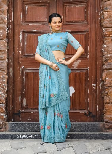 Sky Blue Chiffon Thread-Work Party-Wear Boutique-Style Saree