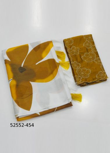 Golden Brown & White Chinon Digitally Floral Printed Beautiful Saree For Kitty-Parties