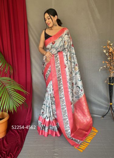 White & Pink Digitally Printed Kanjivaram Silk Saree For Traditional / Religious Occasions