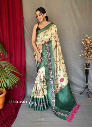 Cream & Teal Green Digitally Printed Kanjivaram Silk Saree For Traditional / Religious Occasions