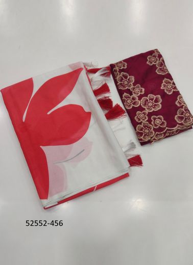 Red & White Chinon Digitally Floral Printed Beautiful Saree For Kitty-Parties