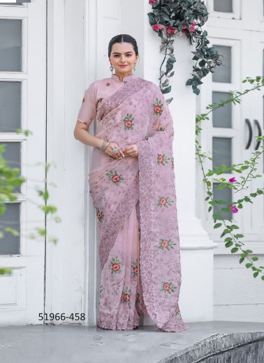 Light Pink Chiffon Thread-Work Party-Wear Boutique-Style Saree
