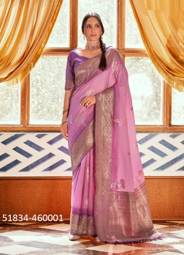 Pink & Violet Woven Jari Silk Saree For Traditional / Religious Occasions
