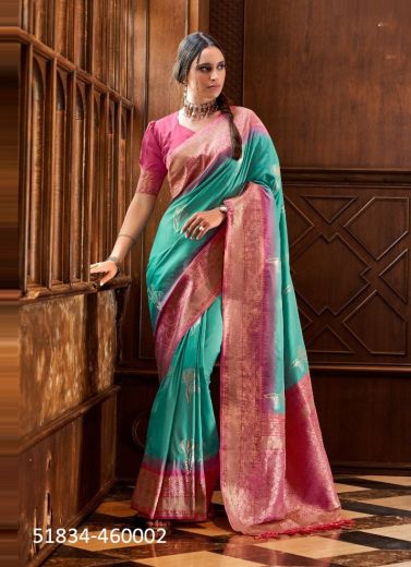 Teal Blue & Pink Woven Jari Silk Saree For Traditional / Religious Occasions