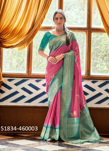 Dark Pink & Sea Green Woven Jari Silk Saree For Traditional / Religious Occasions