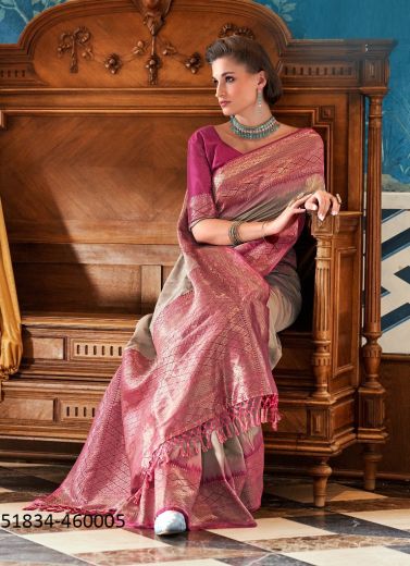 Warm Gray & Purple Woven Jari Silk Saree For Traditional / Religious Occasions
