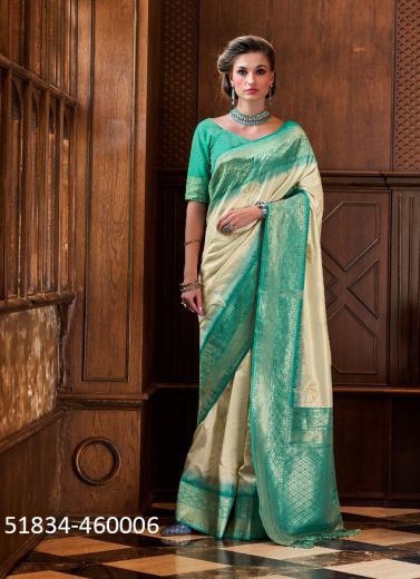 Off White & Teal Green Woven Jari Silk Saree For Traditional / Religious Occasions