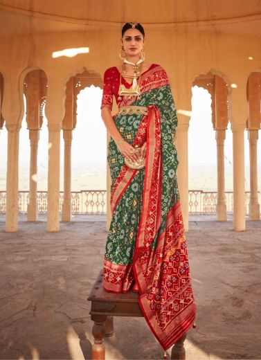 Green & Crimson Red Patola Silk Weaving Party-Wear Saree