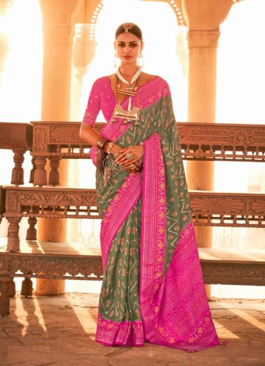 Sage Green & Magenta Patola Silk Weaving Party-Wear Saree