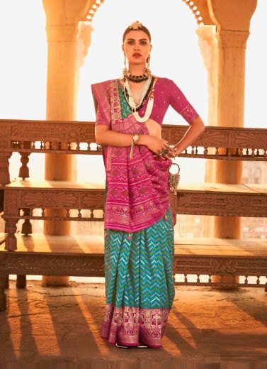 Teal Blue & Magenta Patola Silk Weaving Party-Wear Saree