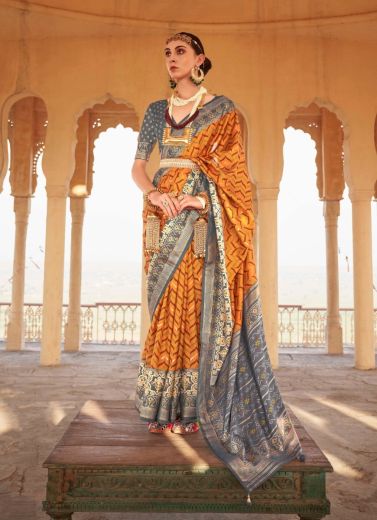 Orange & Gray Patola Silk Weaving Party-Wear Saree