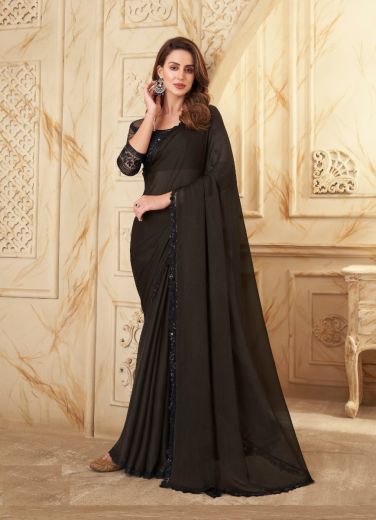 Black Georgette Silk Embroidered Party-Wear Boutique Saree