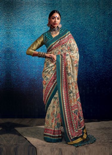 Burlywood & Sea Blue Patola Silk Weaving Festive-Wear Saree