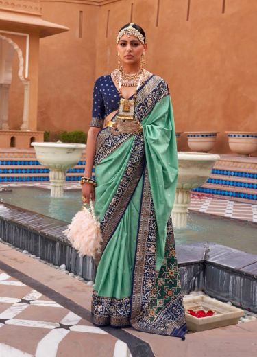 Light Teal Green Patola Silk Weaving Party-Wear Saree