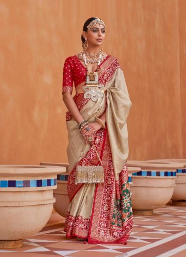 Beige Patola Silk Weaving Party-Wear Saree