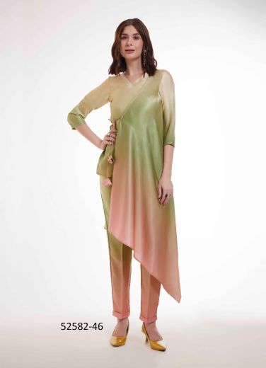 Light Green & Pink Modal Satin Shaded Party-Wear Readymade Co-Ord Set