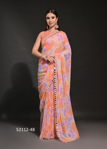 Light Salmon & Lavender Georgette Floral Printed Saree For Traditional / Religious Occasions