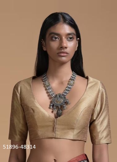 Golden Raw Silk Readymade Blouse With V-Neckline