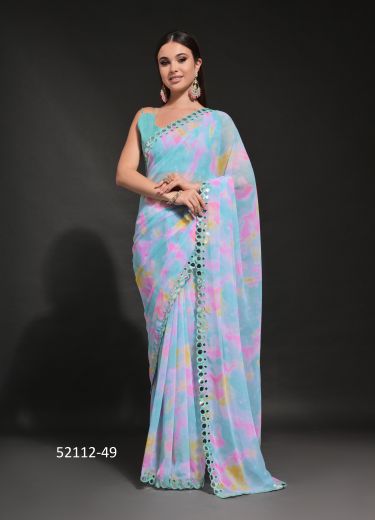 Light Blue & Pink Georgette Floral Printed Saree For Traditional / Religious Occasions