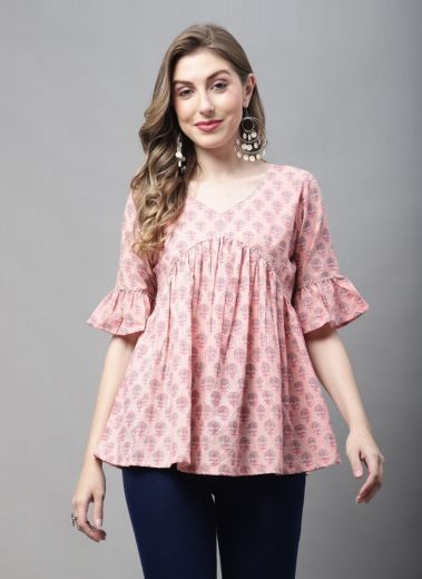 Light Pink Cotton Printed Office-Wear Readymade Short Top