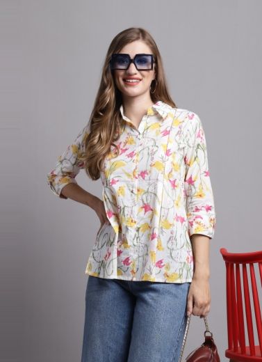 White Cotton Printed Office-Wear Readymade Short Top