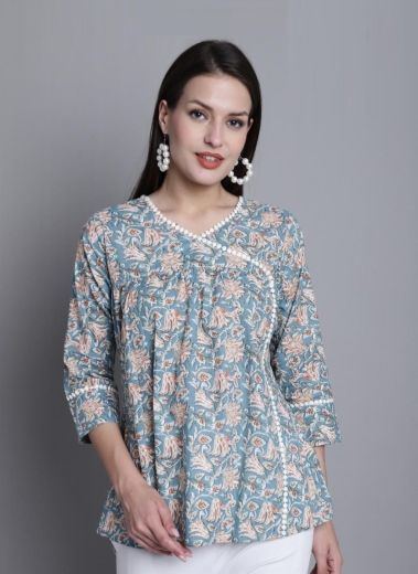 Steel Blue Cotton Printed College-Wear Readymade Short Top