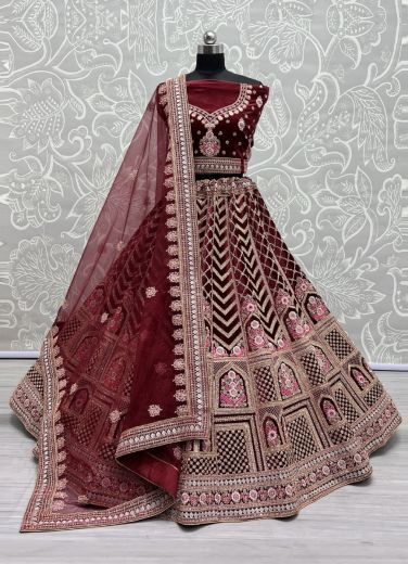 Maroon Velvet Handwork Wedding-Wear Bridal Lehenga Choli