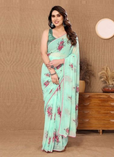 Mint Green Georgette Printed Vibrant Saree For Kitty Parties