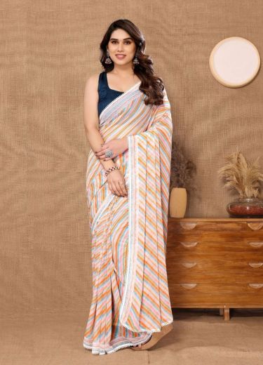 Orange & Light Pink Georgette Printed Vibrant Saree For Kitty Parties